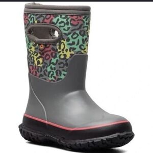 Bogs Gray Kids Rain Boots with Leopard Print